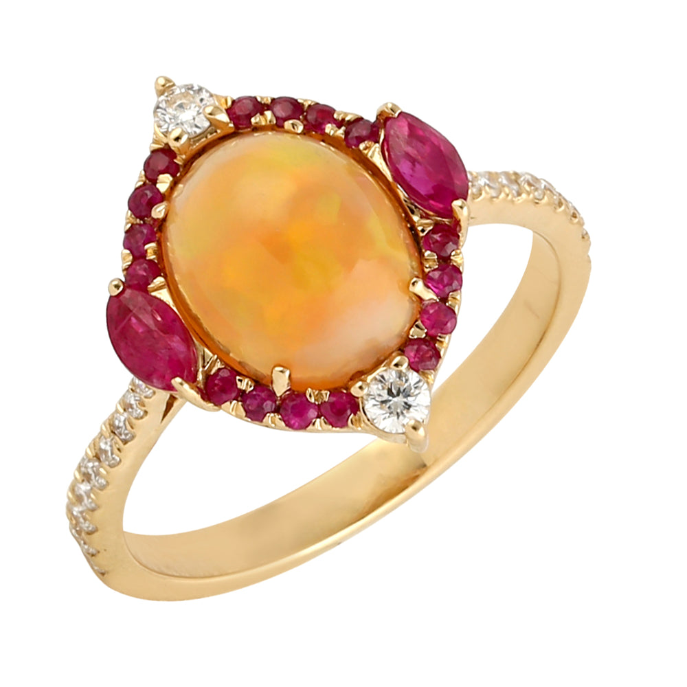 Opal Ethiopian Ruby Diamond Wedding Ring In 18k Gold