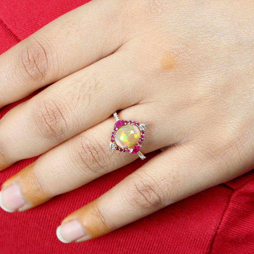 Opal Ethiopian Ruby Diamond Wedding Ring In 18k Gold