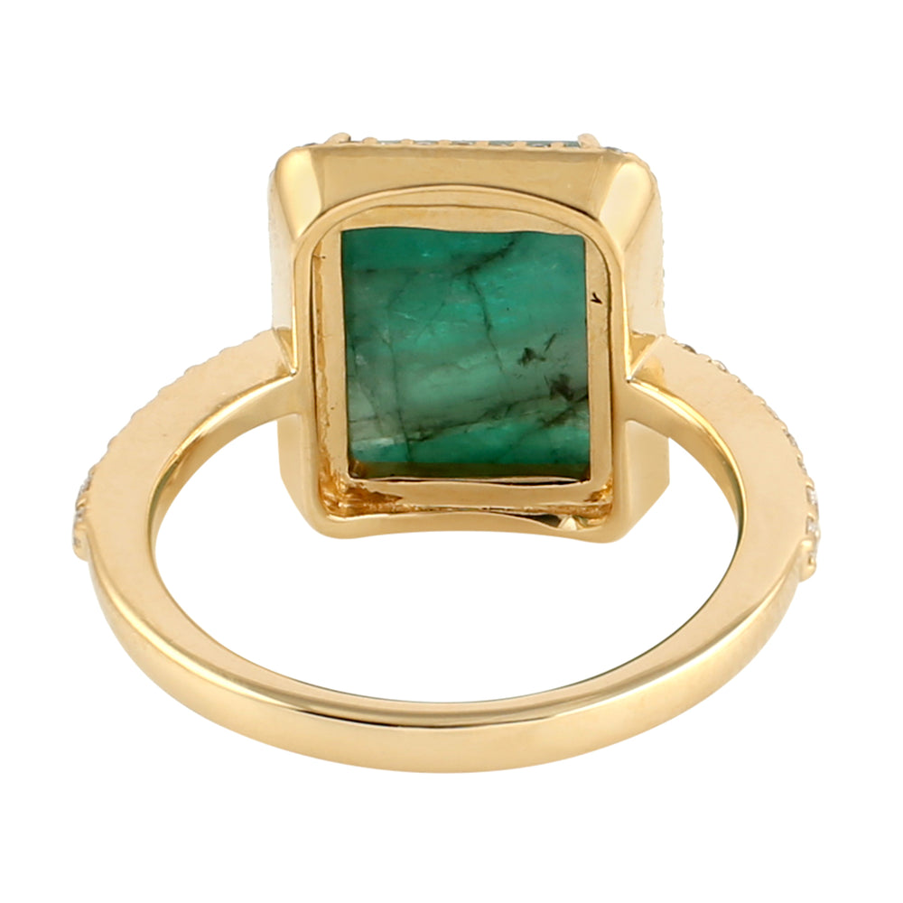 Cabochon Emerald & Diamond Beautiful Gemstone Ring In 18k Yellow Gold