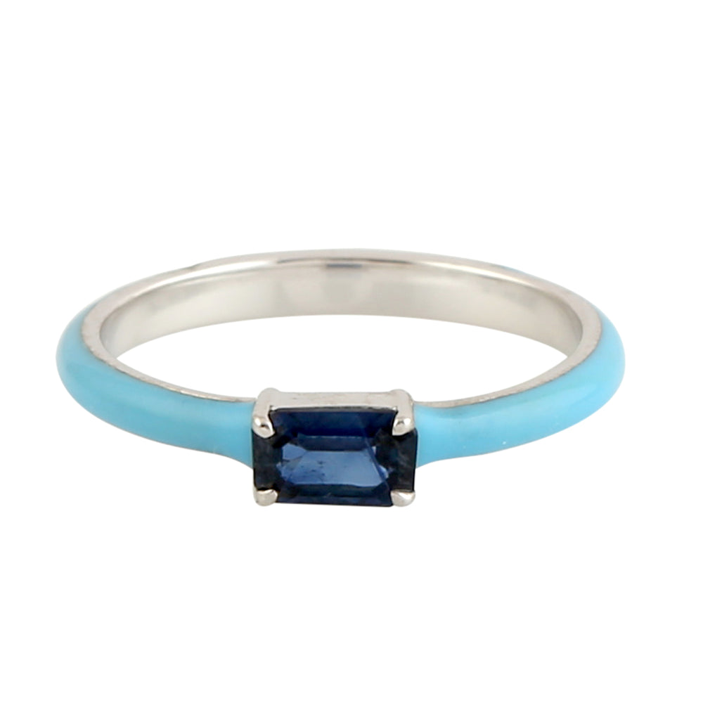 Baguette Blue Sapphire Enamel Delicate Ring in 18k Yellow Gold
