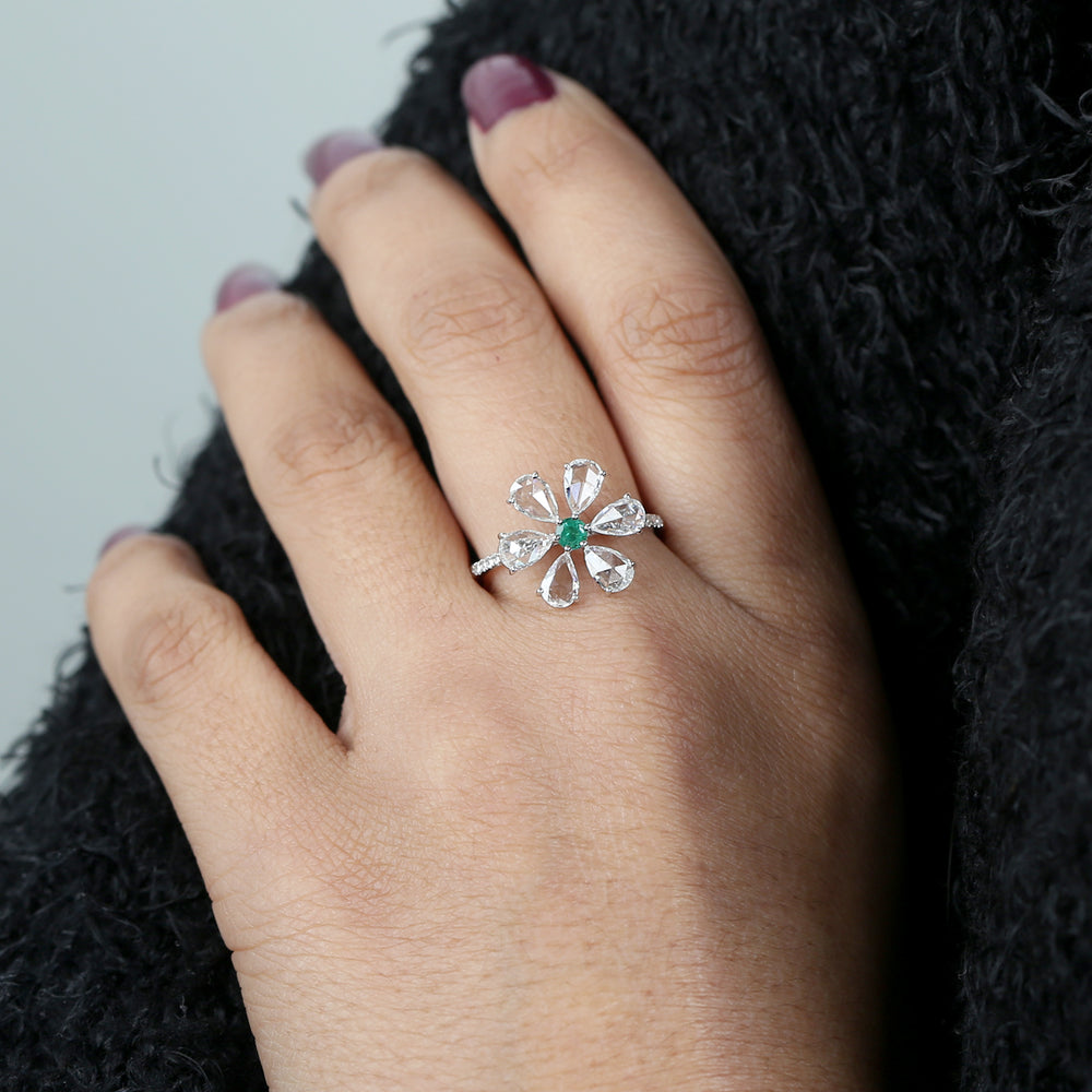 Natural Emerald & Pear Cut Diamond Daisy Ring in White Gold For Her