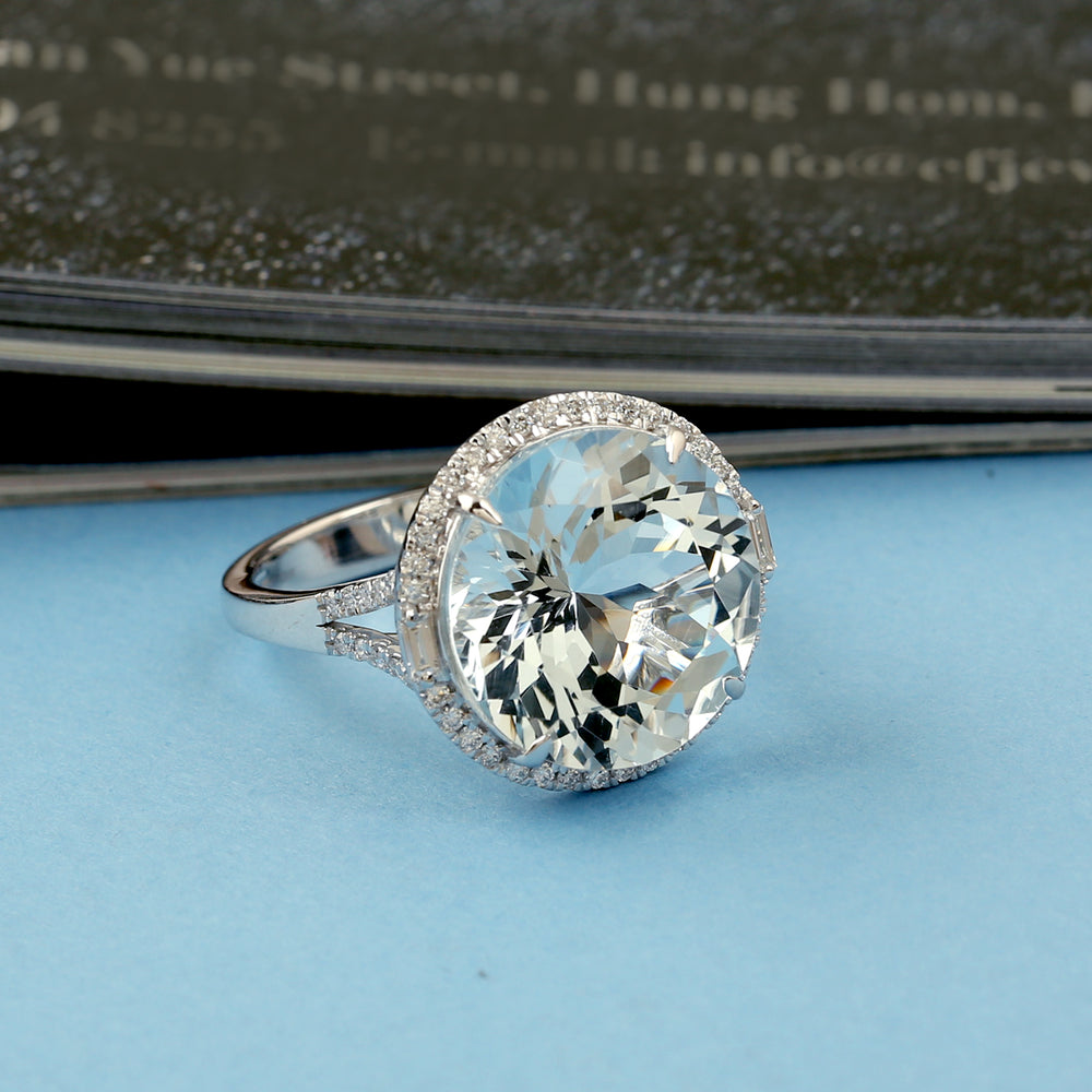 Faceted Aquamarine Diamond Cocktail Ring 18k White Gold Jewelry