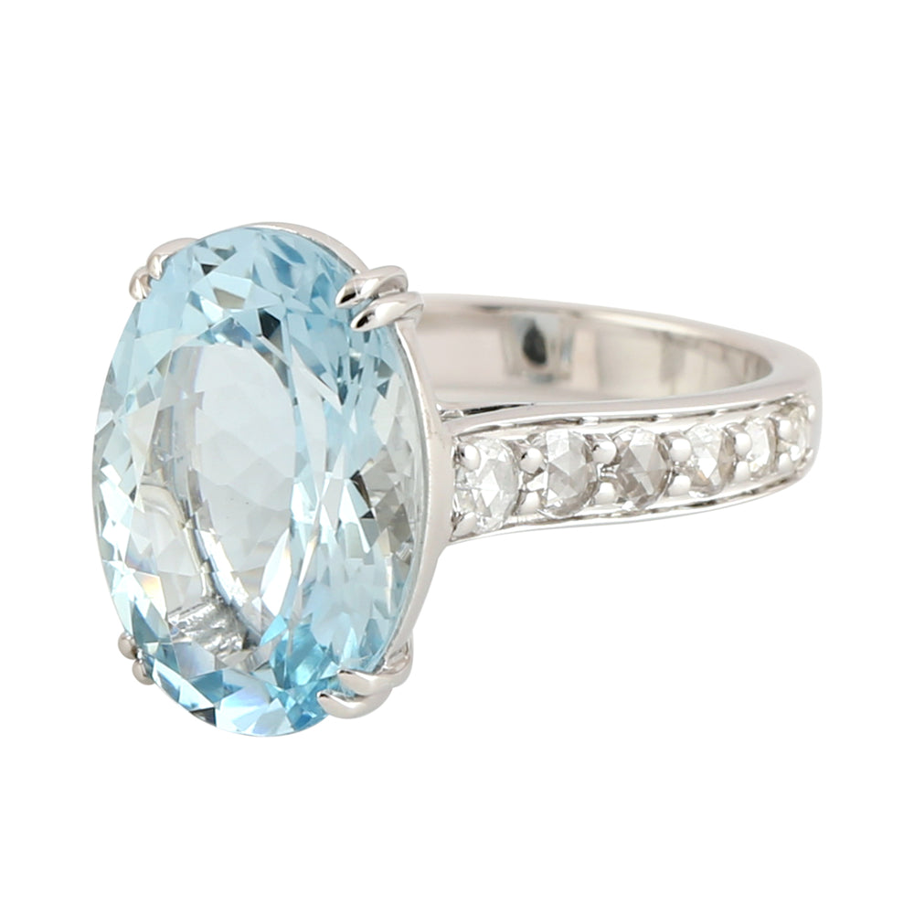 Oval Aquamarine Diamond Prong Set Ring In 18k White Gold