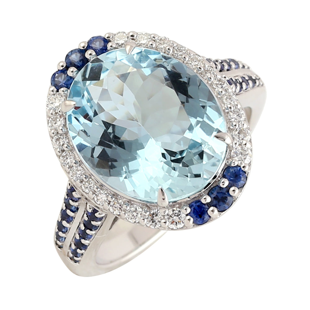 Natural Blue sapphire Diamond Oval Aquamarine Ring in 18k White Gold