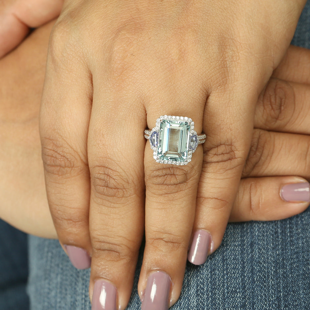 Emerald Cut Aquamarine Tanzanite Diamond Big Ring in 18k White Gold