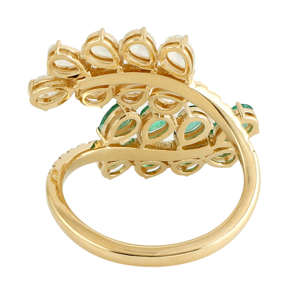 Emerald Rose Cut Diamond Leaf Design Bypass Designer Ring 18k Gold