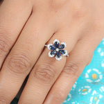 Pear Cut Sapphire & Diamond Floral Daisy Ring in 18k White Gold Anniversary Gift