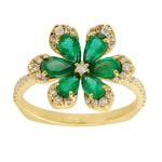 Pear Cut Emerald & Diamond Floral Ring in Yellow Gold Birthday Gift For Her