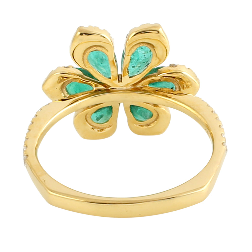 Pear Cut Emerald & Diamond Floral Ring in Yellow Gold Birthday Gift For Her