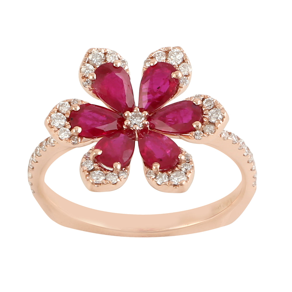 Pear Cut Ruby Diamond Beautiful Daisy Ring in 18k Rose Gold