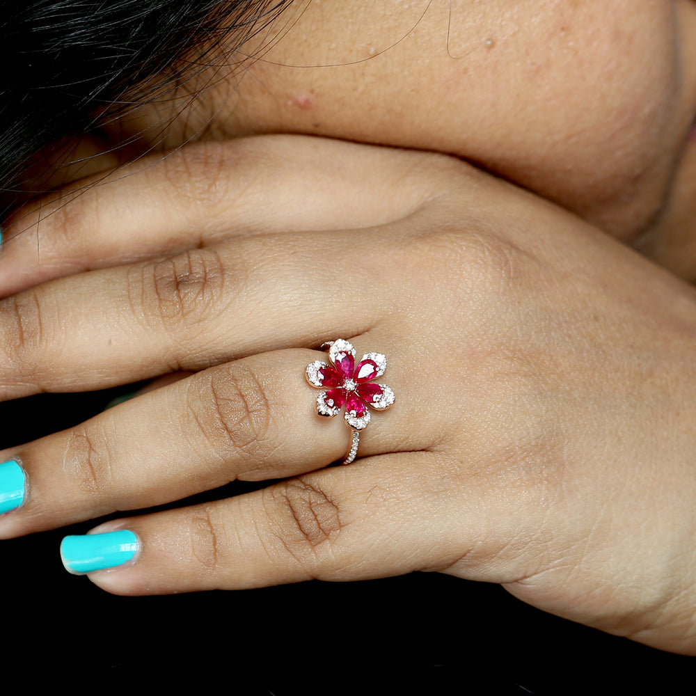 Pear Cut Ruby Diamond Beautiful Daisy Ring in 18k Rose Gold