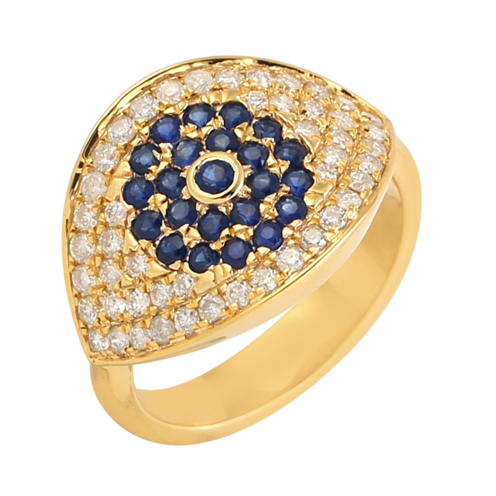 Pave Diamond Sapphire Evil Eye Signet Ring In 18k Yellow Gold