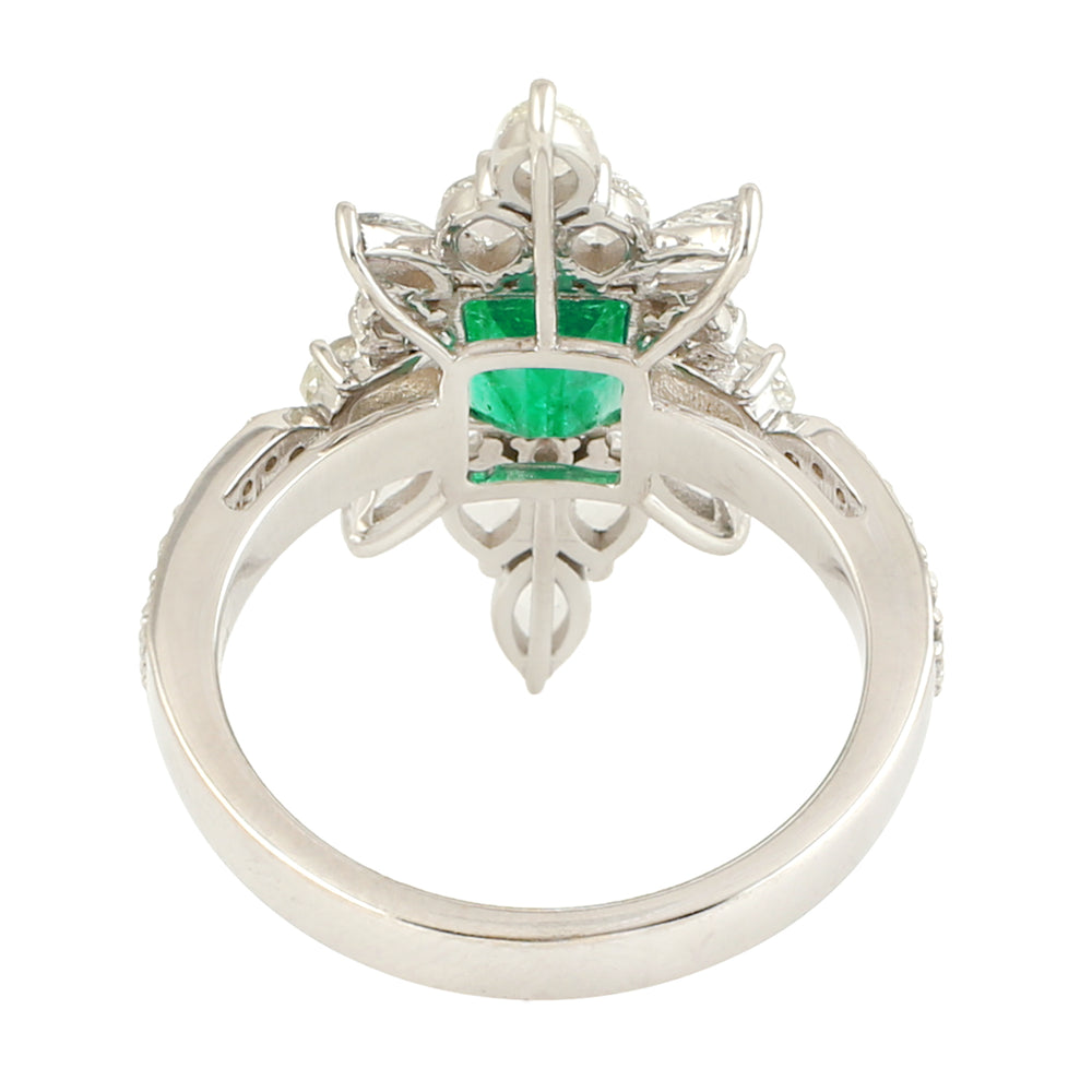 Uncut Diamond Rose Cut Diamond Emerald Wedding Long Ring in 18k White Gold