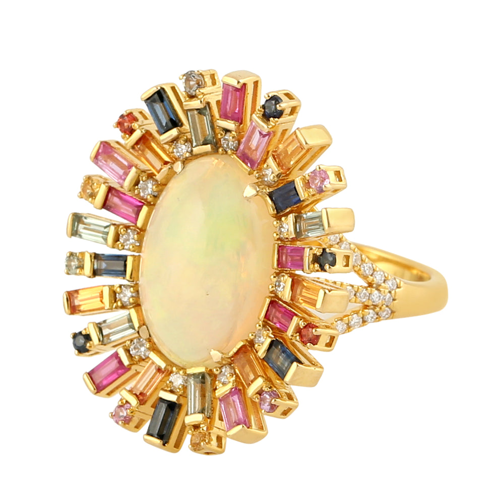 Opal Ethopian Multicolor Sapphire Handmade 18k Yellow Gold Ring