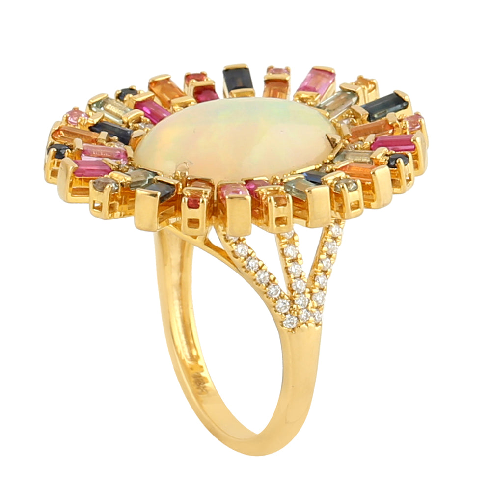 Opal Ethopian Multicolor Sapphire Handmade 18k Yellow Gold Ring