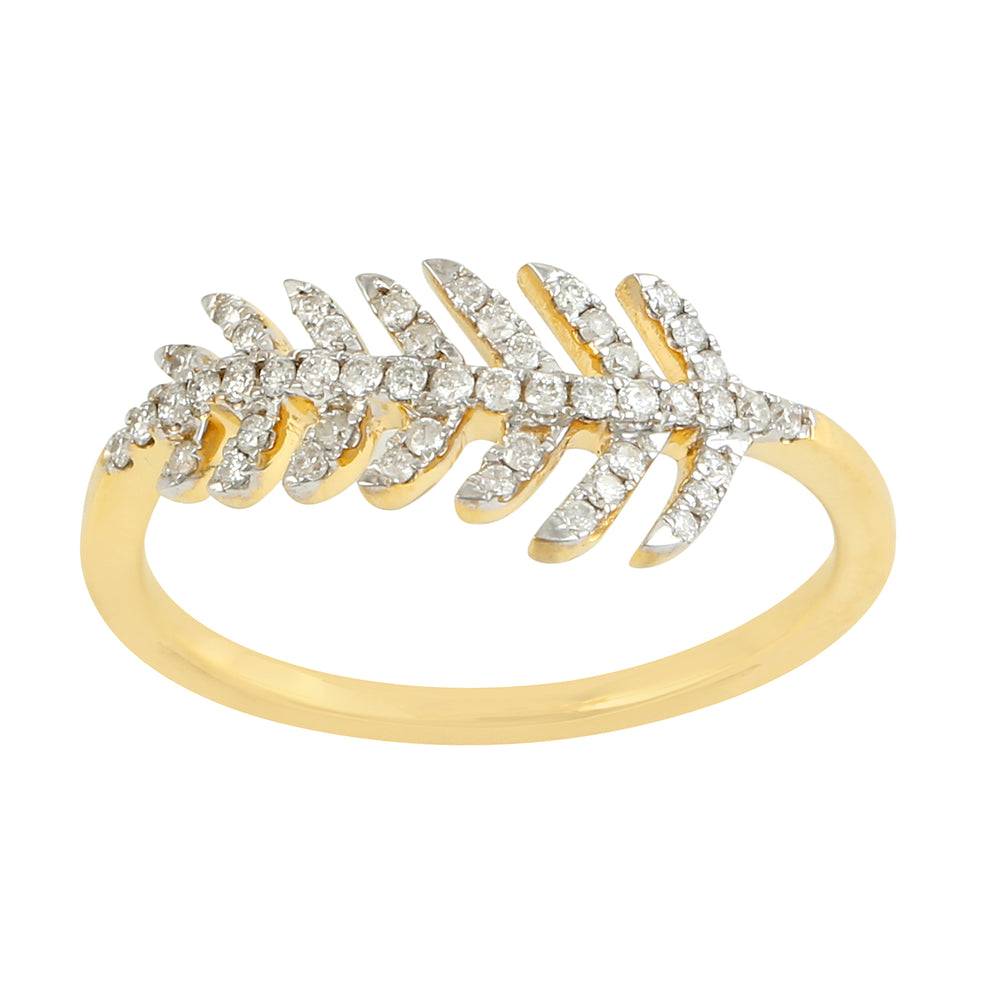 18k Yellow Gold Natural Pave Diamond Leaf Design Dainty Ring