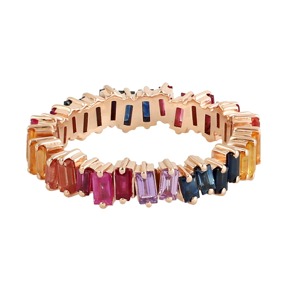 Baguette Multicolor Sapphire Band Ring In 14k Rose Gold