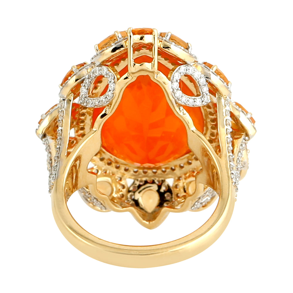 Beautiful Pear Cut Fire Opal Garnet Pave Diamond Wedding Ring in 18k Yellow Gold