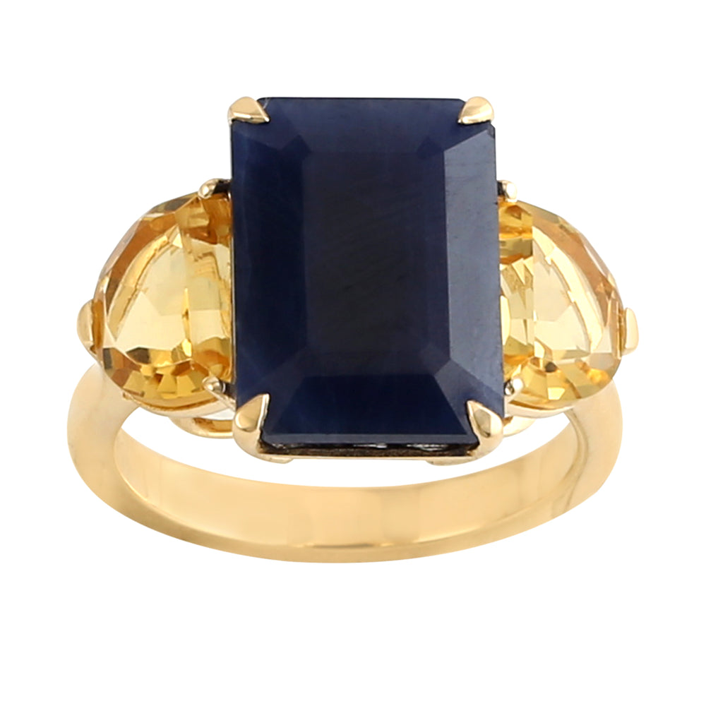Emerald Cut Sapphire Citrine Three Stone 18k Yellow Gold Ring