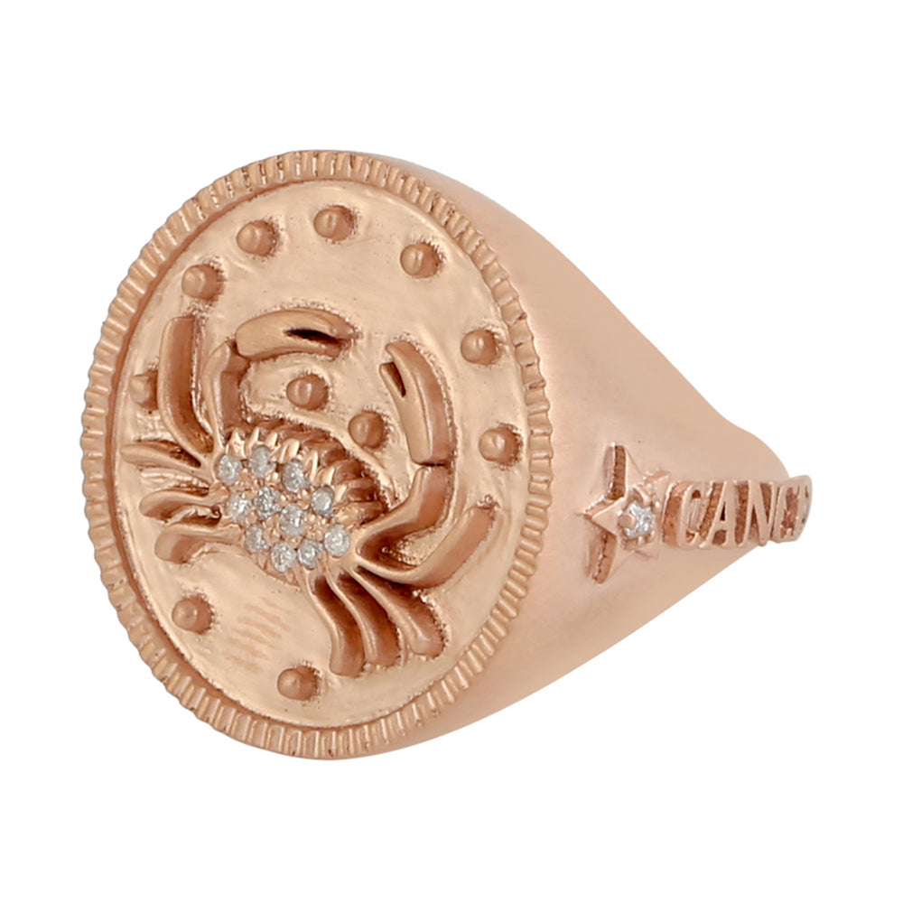 14k Rose Gold Pave Diamond Cancer Zodiac Sign Signet Ring