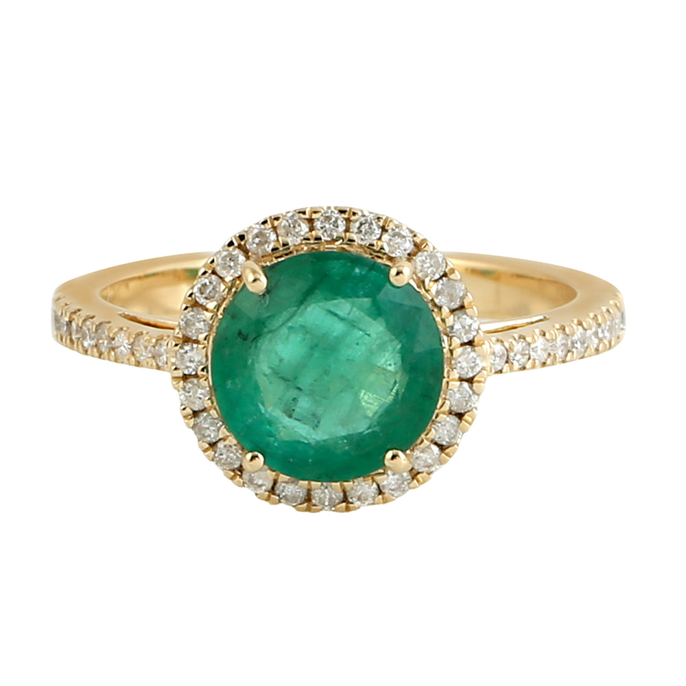 Pave Diamond Emerald Halo Delicate Ring in 18k Yellow Gold