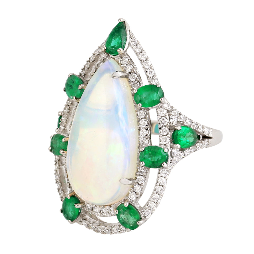 Pear Cut Opal Ethopian Emerald Diamond Long Ring in 18k White Gold For Her