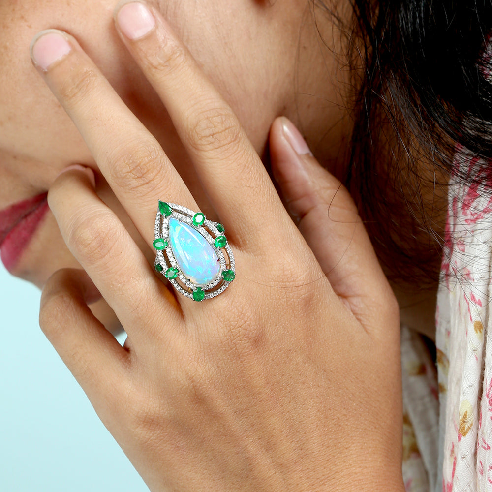 Pear Cut Opal Ethopian Emerald Diamond Long Ring in 18k White Gold For Her