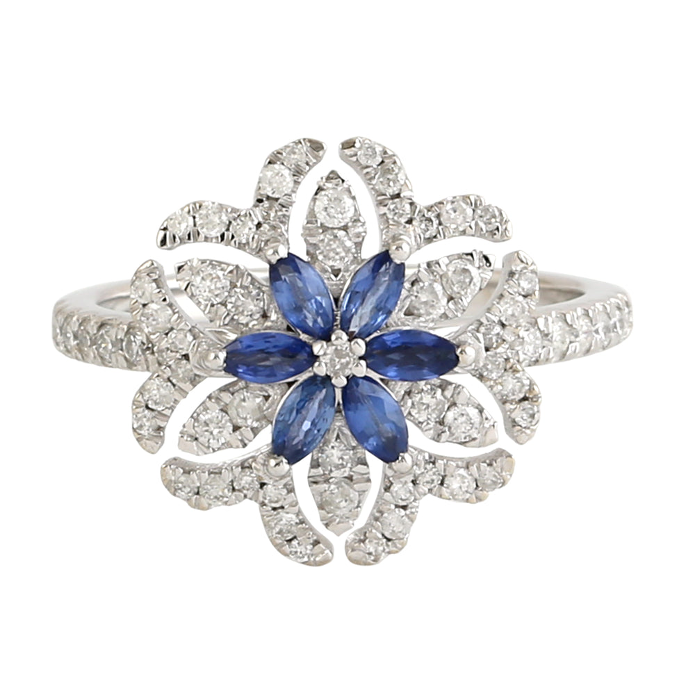 Blue Sapphire Diamond Daisy Cocktail Ring For Her In 18k White Gold