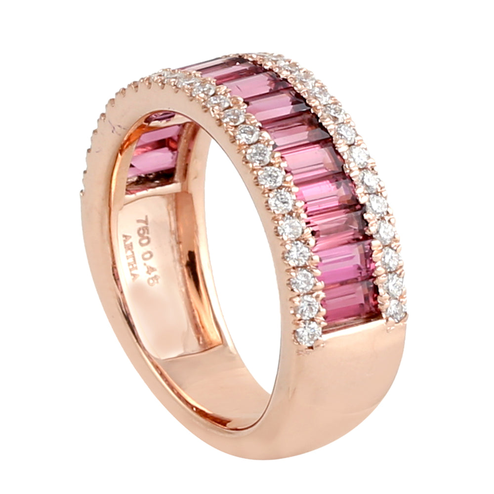 Baguette Tourmaline Pave Diamond Channel Set Beautiful Band Ring in 18k Rose Gold