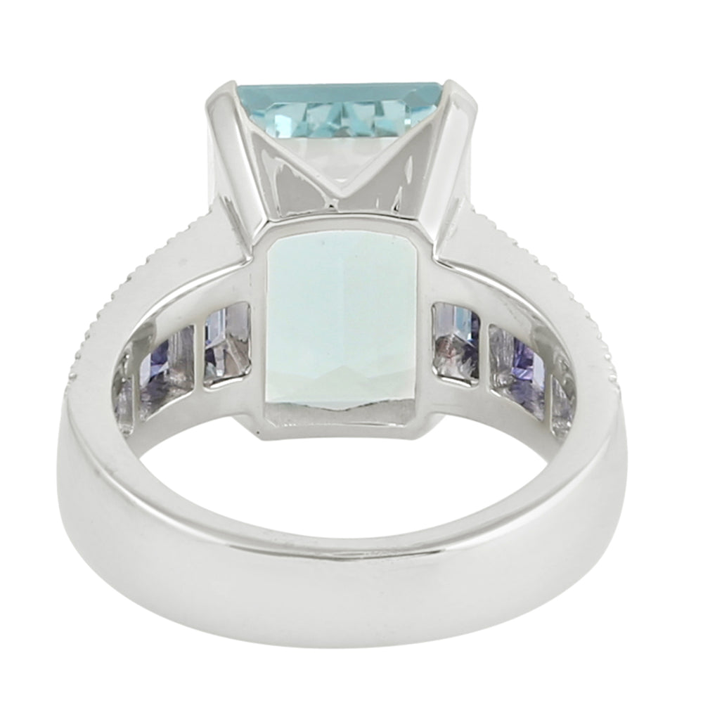 Emerald Cut Aquamarine Tanzanite Diamond Ring For Her In White Gold