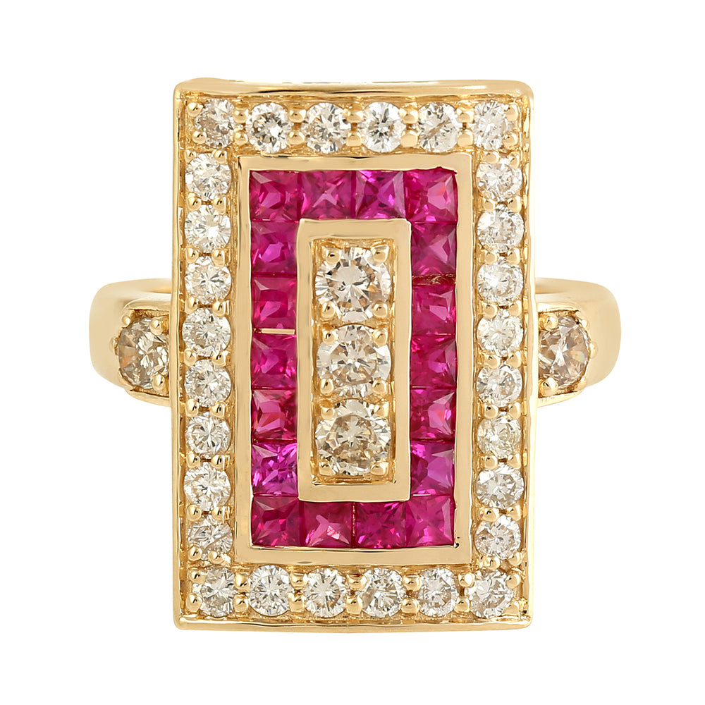 Channel Set Ruby Diamond 18k Yellow Gold Rectangle Cocktail Ring