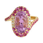 Oval Kunzite Pink Sapphire Diamond Bypass Cocktail Ring In 18k Yellow Gold