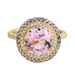 Pink Kunzite Tanzanite Diamond Round Cocktail Ring In 18k Yellow Gold