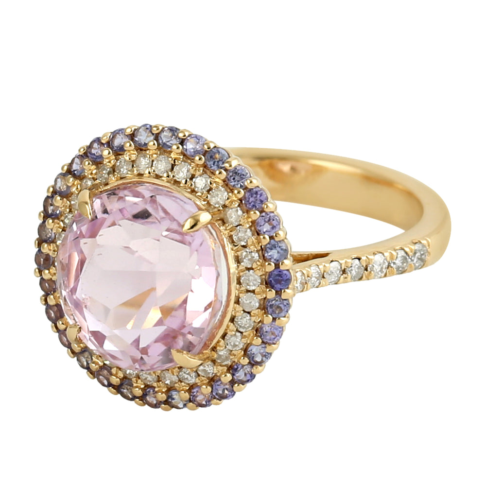 Pink Kunzite Tanzanite Diamond Round Cocktail Ring In 18k Yellow Gold