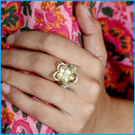 14k Gold Natural Diamond Handcarved Floral Matte Finish Ring