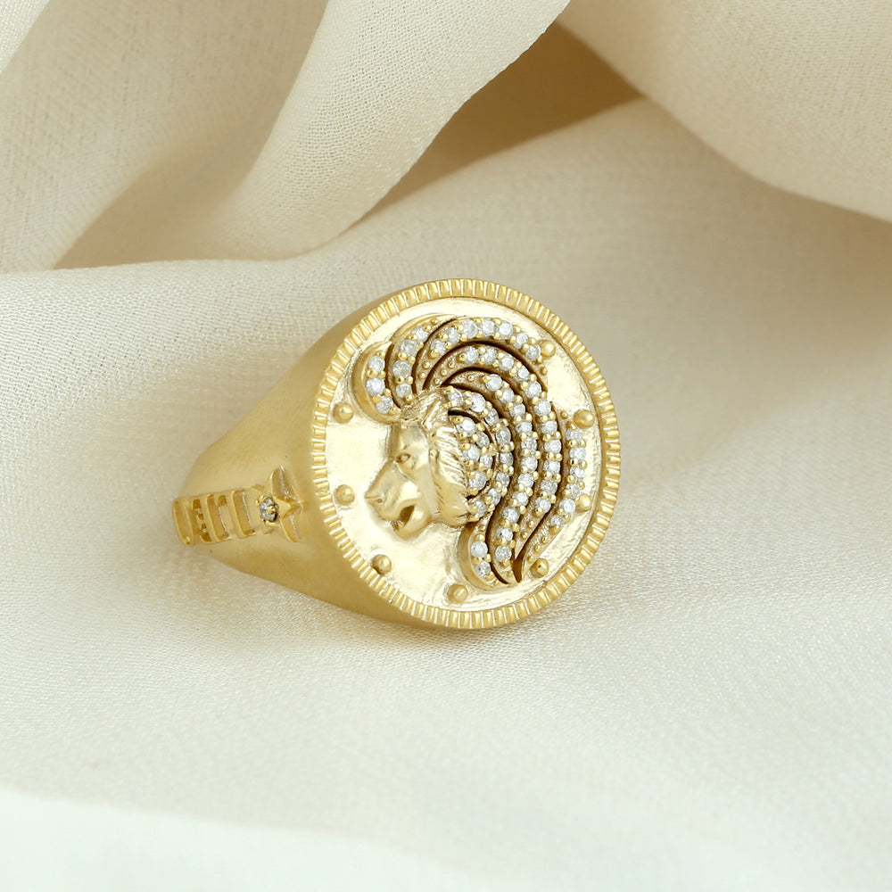 Pave Diamond Leo Zodiac Signet Ring In 14k Yellow Gold