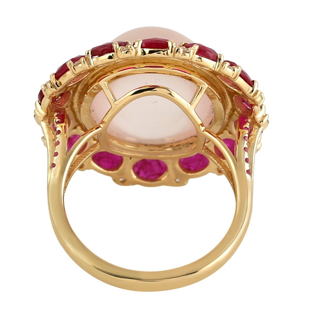 Ruby Pink Quartz Sapphire Big Cocktail Ring In 18k Yellow Gold For Gift