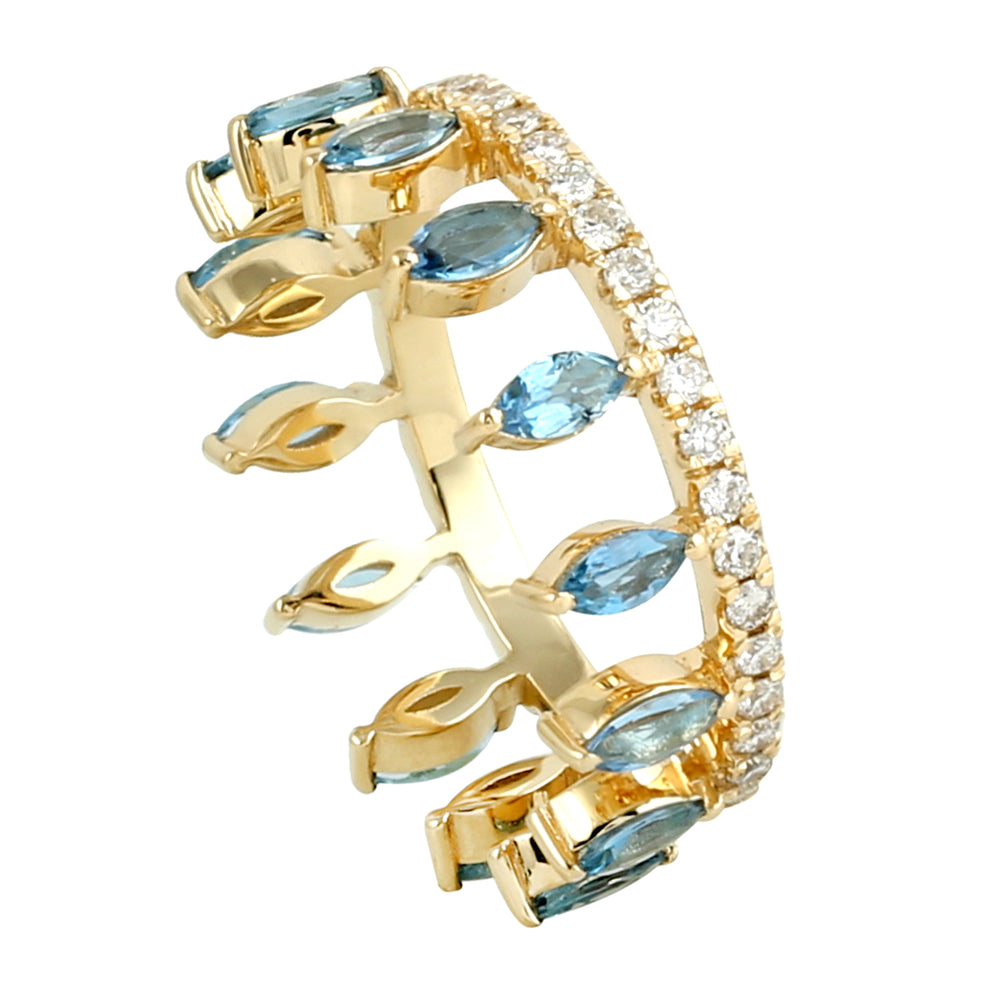 Natural Marquise Aquamarine Diamond Tiara Design 18k Yellow Gold Ring