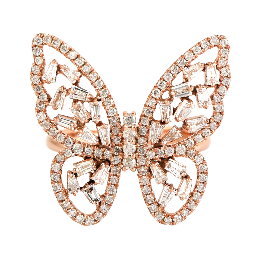 Natural Pave Diamond 18k Rose Gold Butterfly Cluster Cocktail Ring