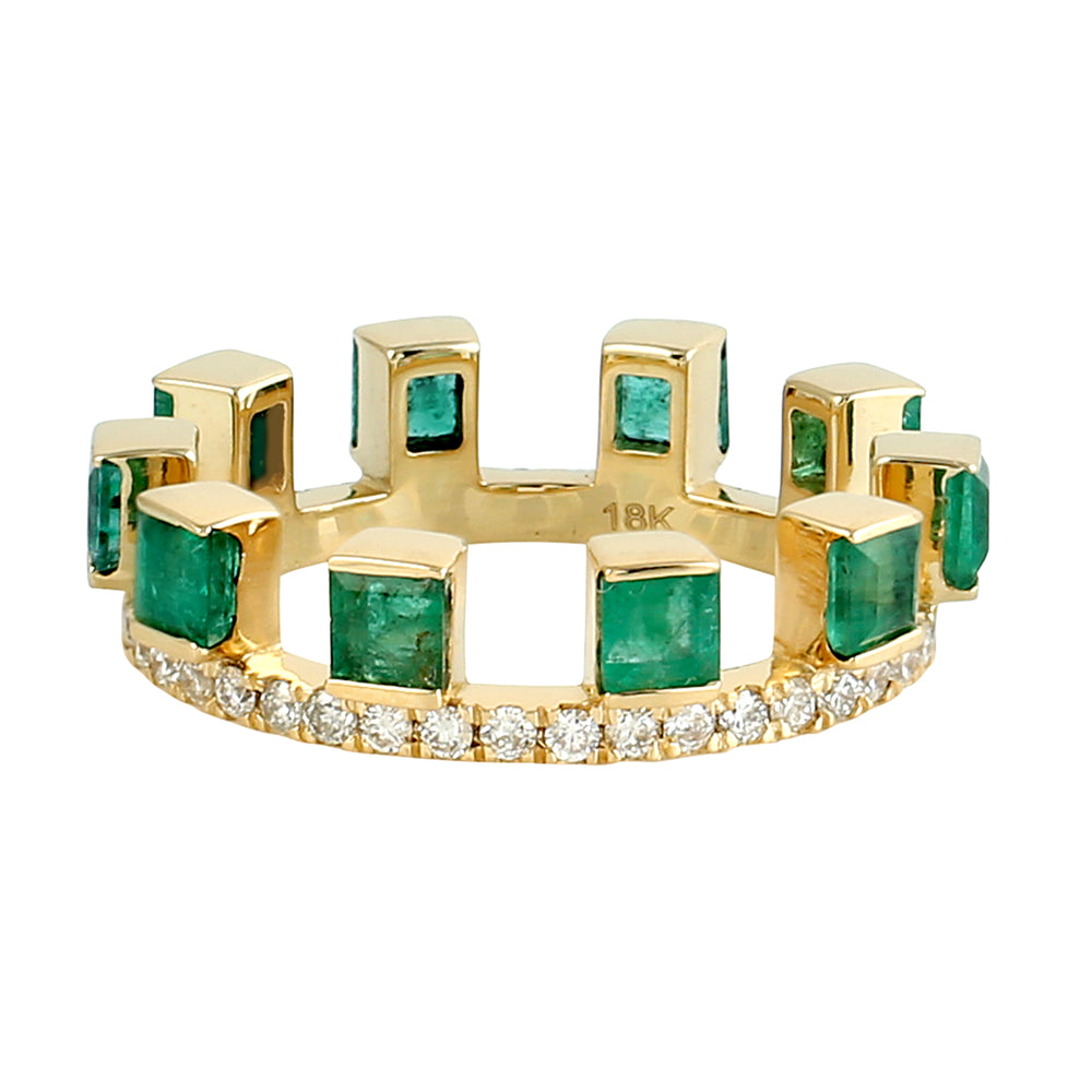 Square Cut Emerald Pave Diamond 18k Yellow Gold Designer Ring