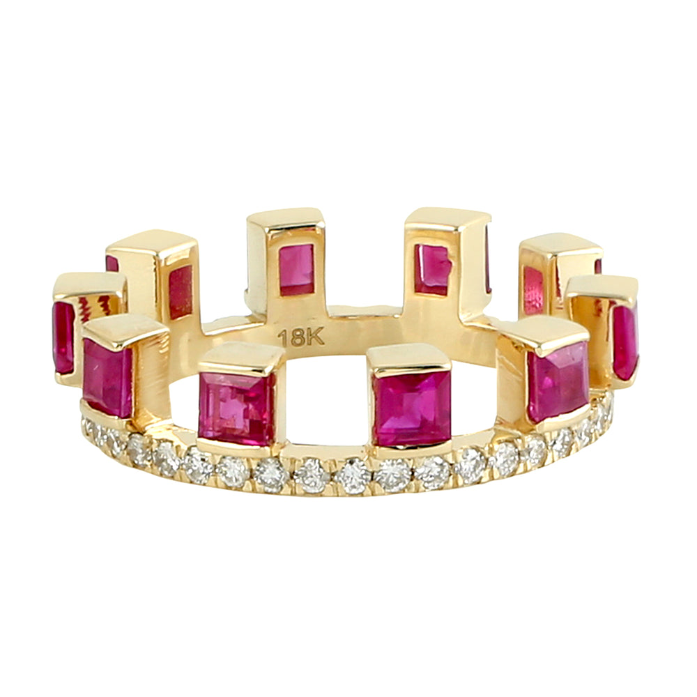 Natural Ruby Pave Diamond 18k Yellow Gold Band Ring For Her