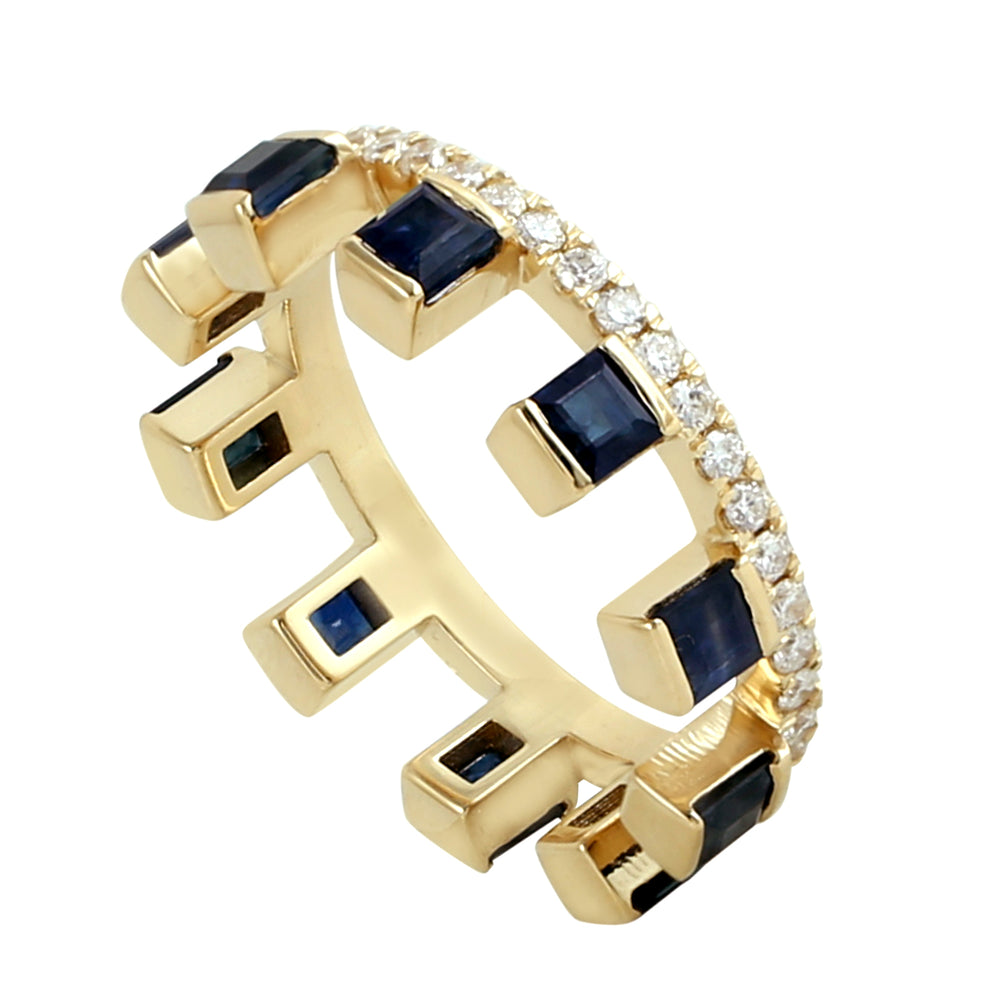 Natural Blue Sapphire Pave Diamond 18k Yellow Gold Band Ring For Her