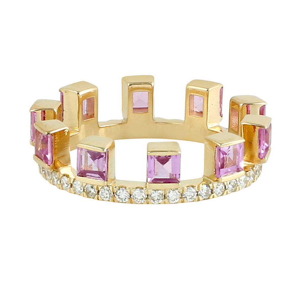 Natural Pink Sapphire Pave Diamond 18k Yellow Gold Band Ring For Her