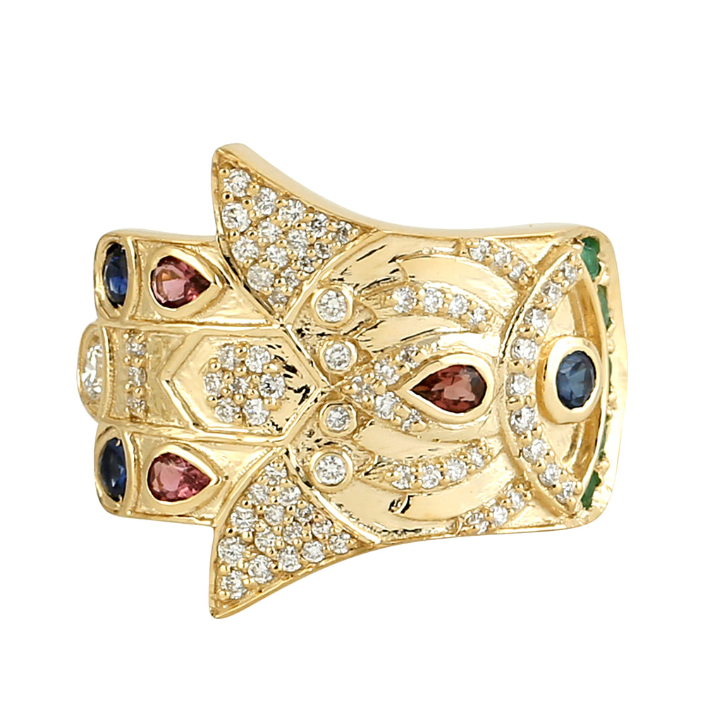 Natural Sapphire Tourmaline Emerald Pave Diamond Hamsa Design Ring 14k Gold