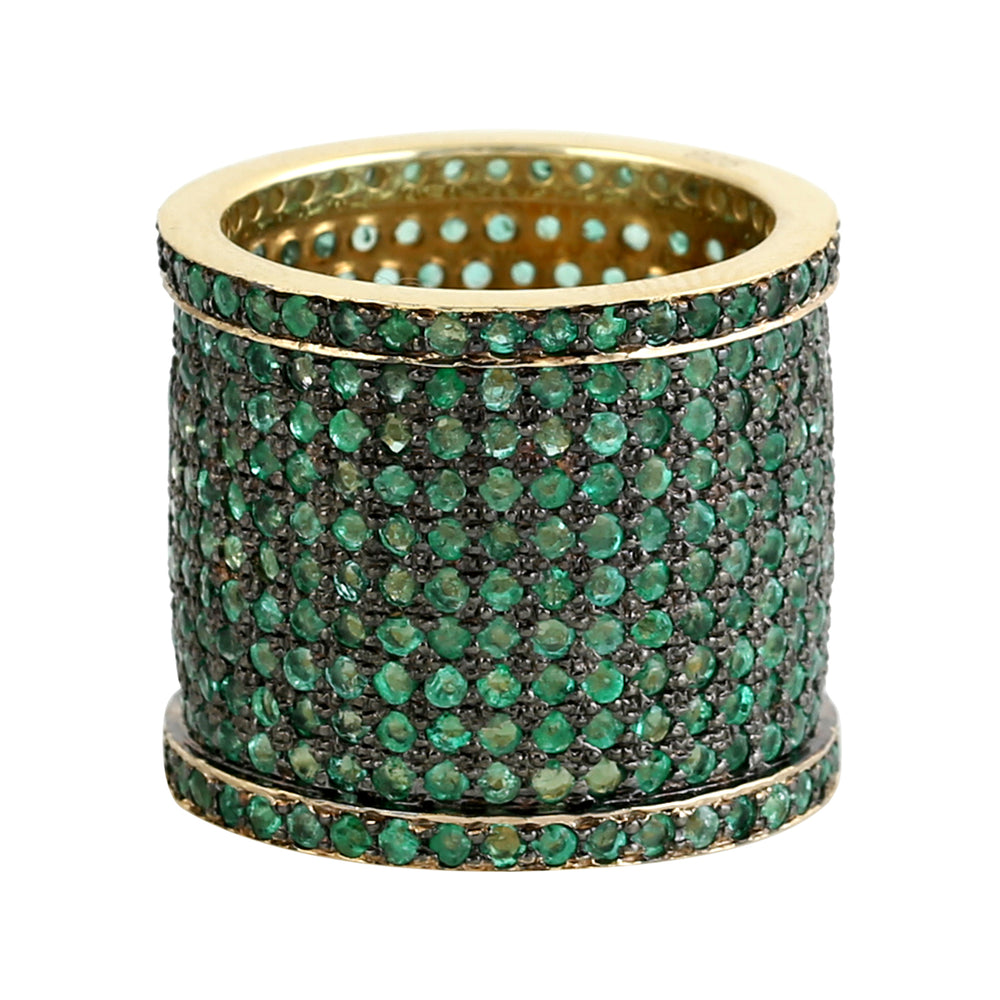 Natural Pave Emerald 925 Sterling Silver Wide Band Ring For Her
