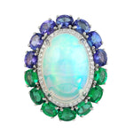 Oval Tanzanite Emerald Pave Diamond Opal Ethopian Cocktail Ring In 18k White Gold For Her