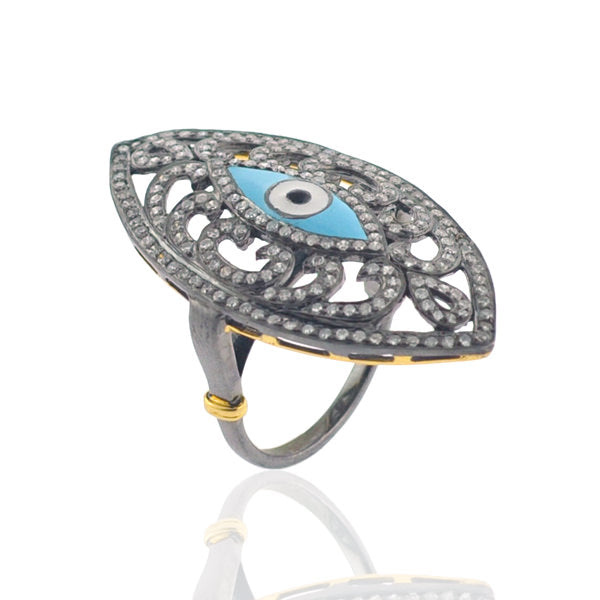 Pave Diamond 18K Gold Silver Evil Eye Marquise Shape Ring Enamel Jewelry GIFT