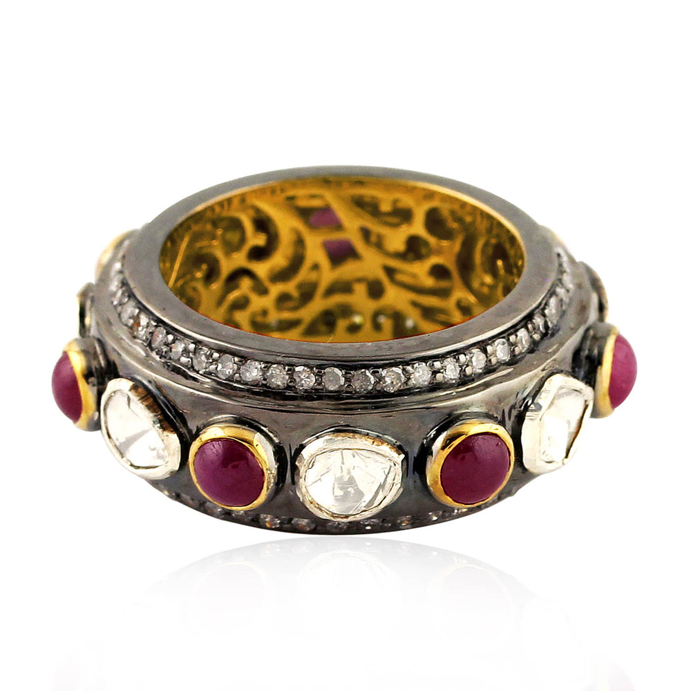 Natural Ruby Rose Cut Diamond 14kt Gold Band Ring Sterling Silver Jewelry