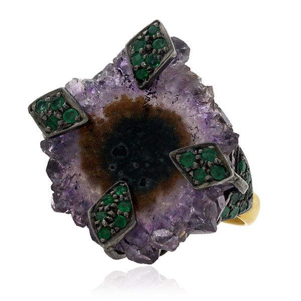 18kt Gold Amethyst Druzy Emerald Sterling Silver Cocktail Ring Designer Jewelry February Birthstone Jewelry