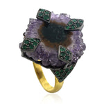 18kt Gold Amethyst Druzy Emerald Sterling Silver Cocktail Ring Designer Jewelry February Birthstone Jewelry